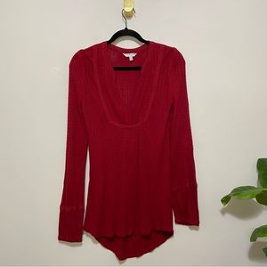 Lucky Brand Red Linen Blend Long Sleeve Split Crew Neck Top